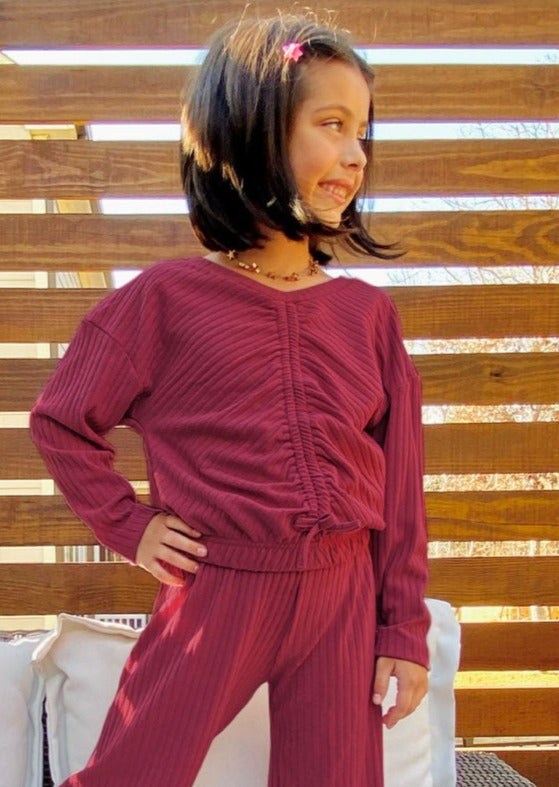 Marley Ribbed Ruched Top - Burgundy